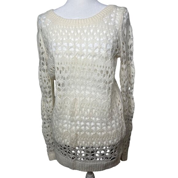 Hollister Women Wool Cream Long Sleeve Crochet Knit Sweater Medium - Picture 1 of 11